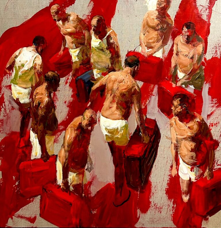 Hommes en mouvement sur fond rouge, représentant l'exil – peinture à l'acrylique par l'artiste kurde-irakien Serwan Baran 2025 dans l'exposition "Voyage vers l'inconnu" à la galerie Analix Forever