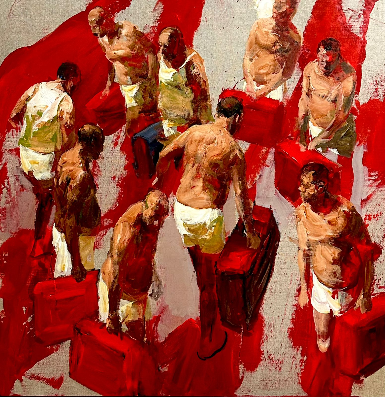 Hommes en mouvement sur fond rouge, représentant l'exil – peinture à l'acrylique par l'artiste kurde-irakien Serwan Baran 2025 dans l'exposition "Voyage vers l'inconnu" à la galerie Analix Forever